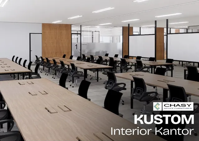 Desain ruang kerja terbuka dengan deretan meja panjang dan aksen panel kayu, karya Chasy Office Furniture