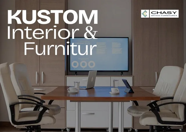 Ruang meeting dengan lemari kabinet, meja, dan kursi kulit putih, karya Chasy Office Furniture