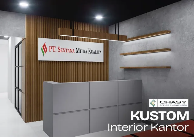 Area resepsionis dengan meja abu-abu, dinding panel kayu, dan rak gantung, karya Chasy Office Furniture
