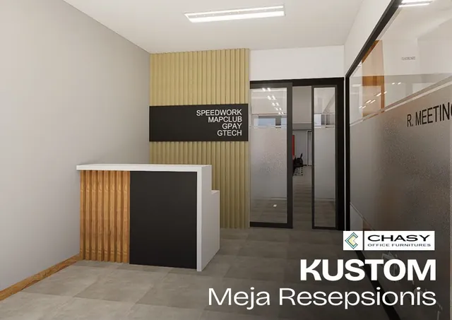 Meja resepsionis hitam putih dengan aksen kayu di area lobi kantor, karya Chasy Office Furniture