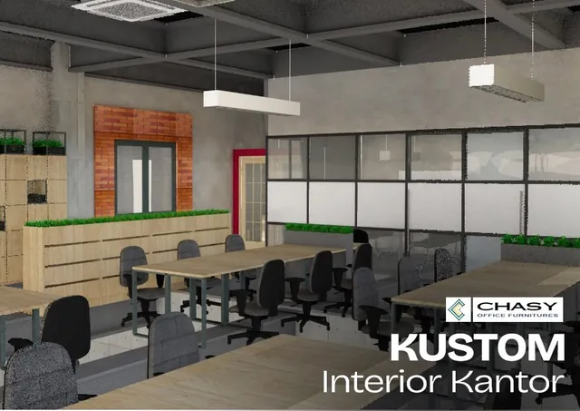 Desain kantor industrial dengan meja kerja, planter box, dan partisi kaca, karya Chasy Office Furniture