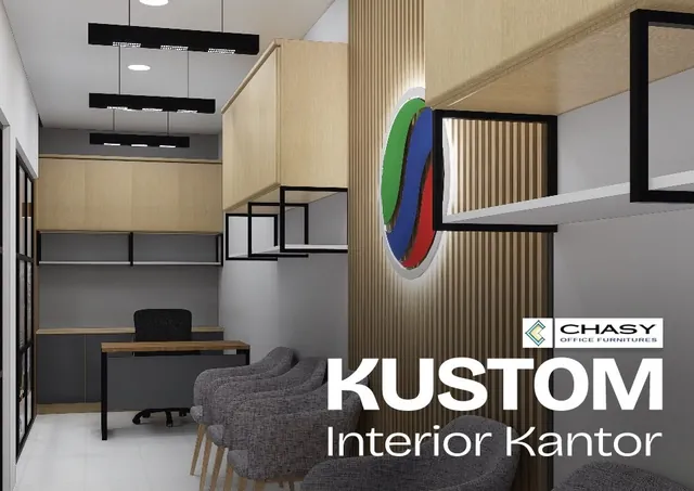 Desain ruang kerja dengan kabinet kayu, rak besi, dan kursi tamu, karya Chasy Office Furniture